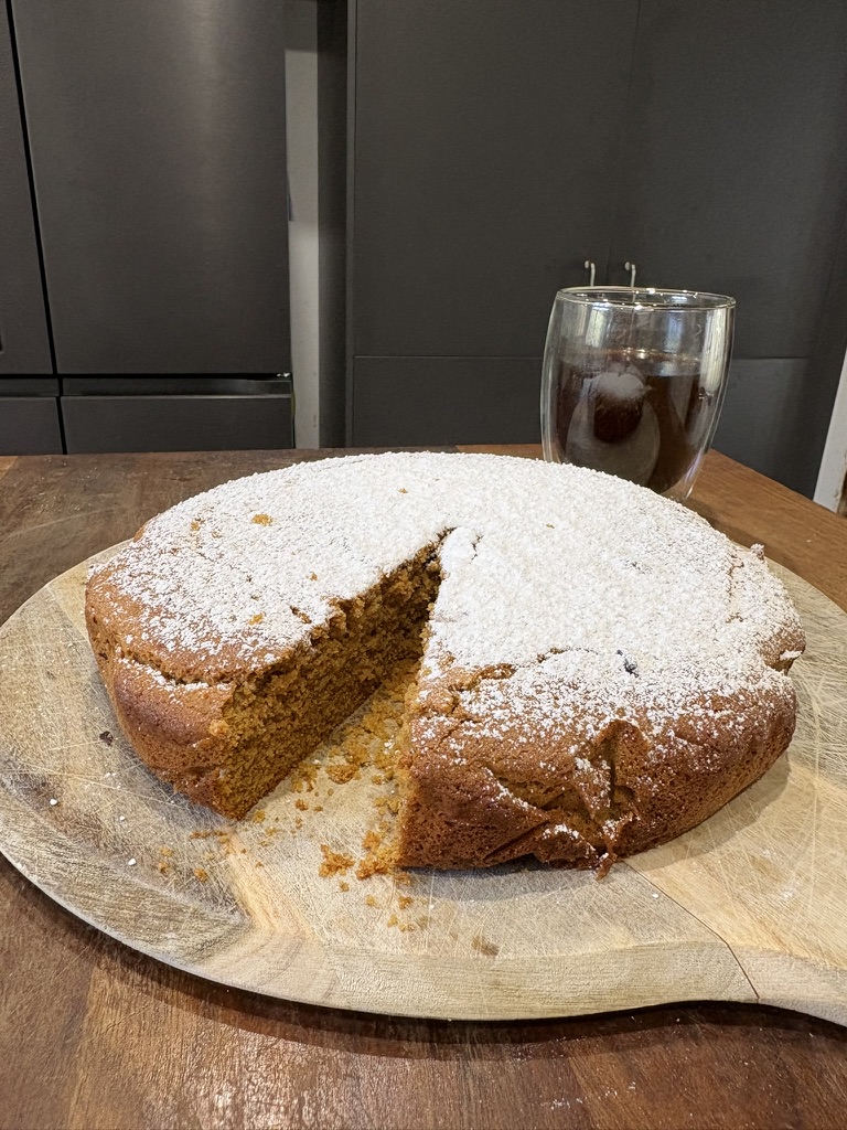 coffee cake dusted with icing sugar